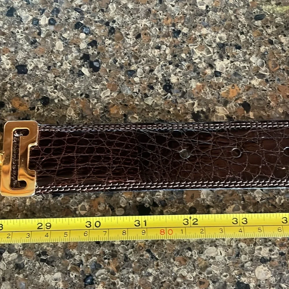 Pierre Cardin Paris France Brown Leather Crocodile Veritable Gold Belt Size 85